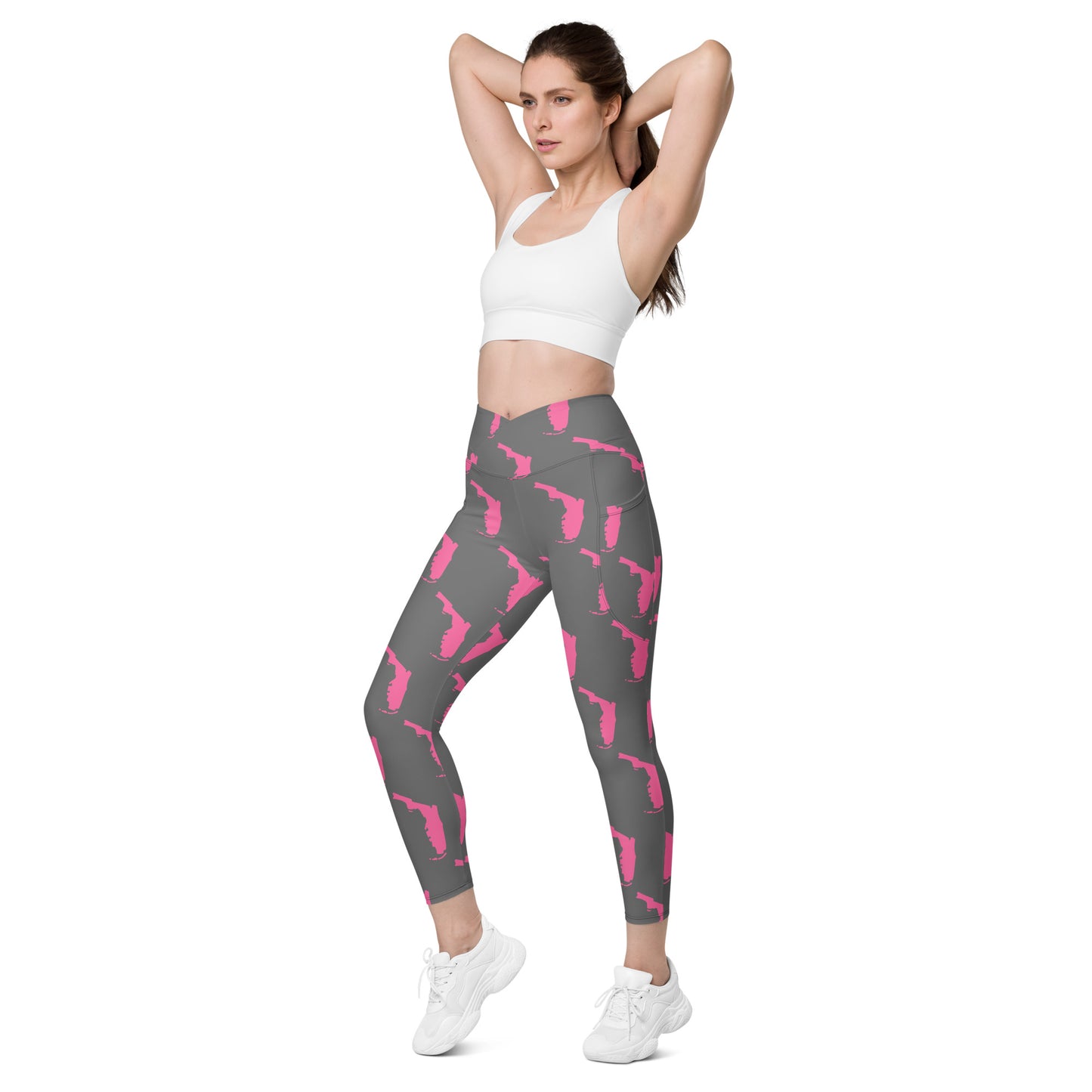 Florida All-Over Print Crossover Leggings With Pockets - Gray/Pink