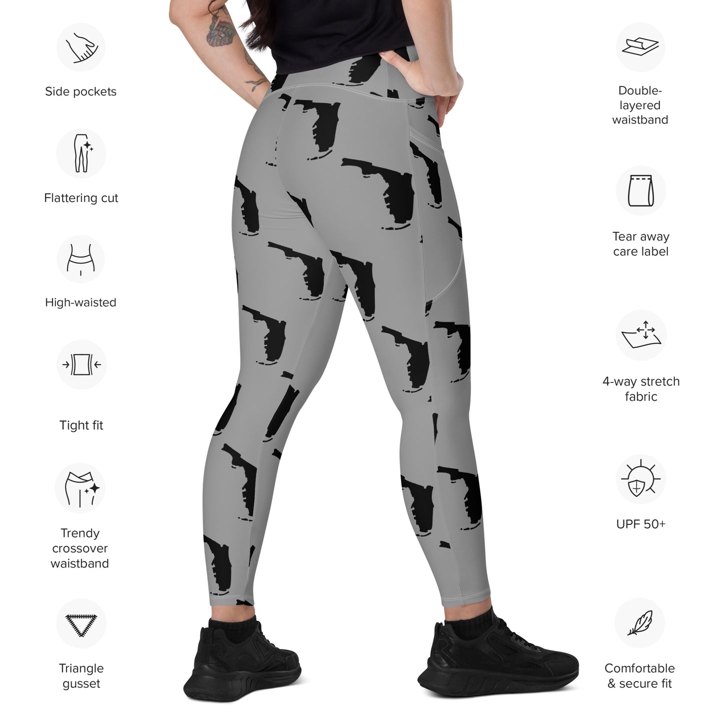 Florida All-Over Print Crossover Leggings With Pockets - Gray