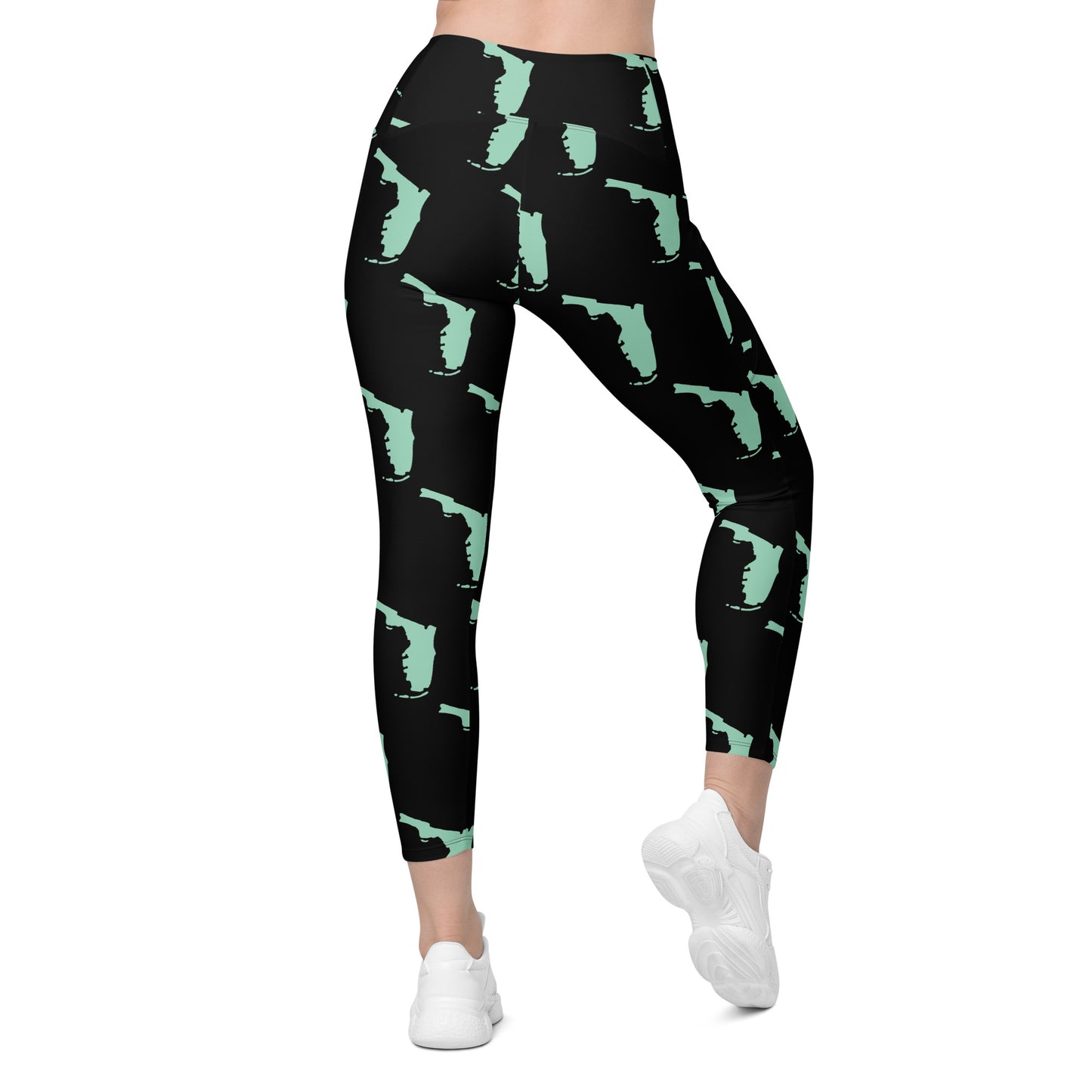 Florida All-Over Print Crossover Leggings With Pockets - Black/Mint