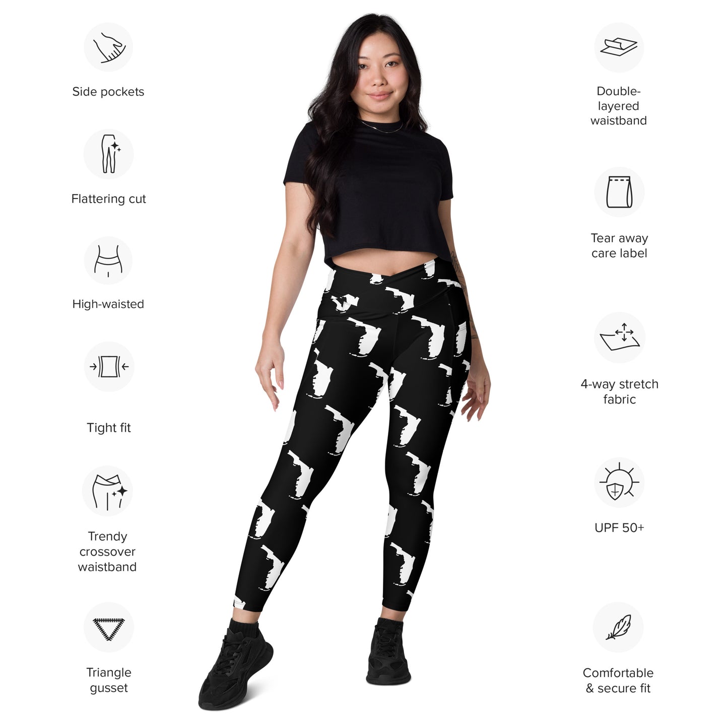 Florida All-Over Print Crossover Leggings With Pockets - Black