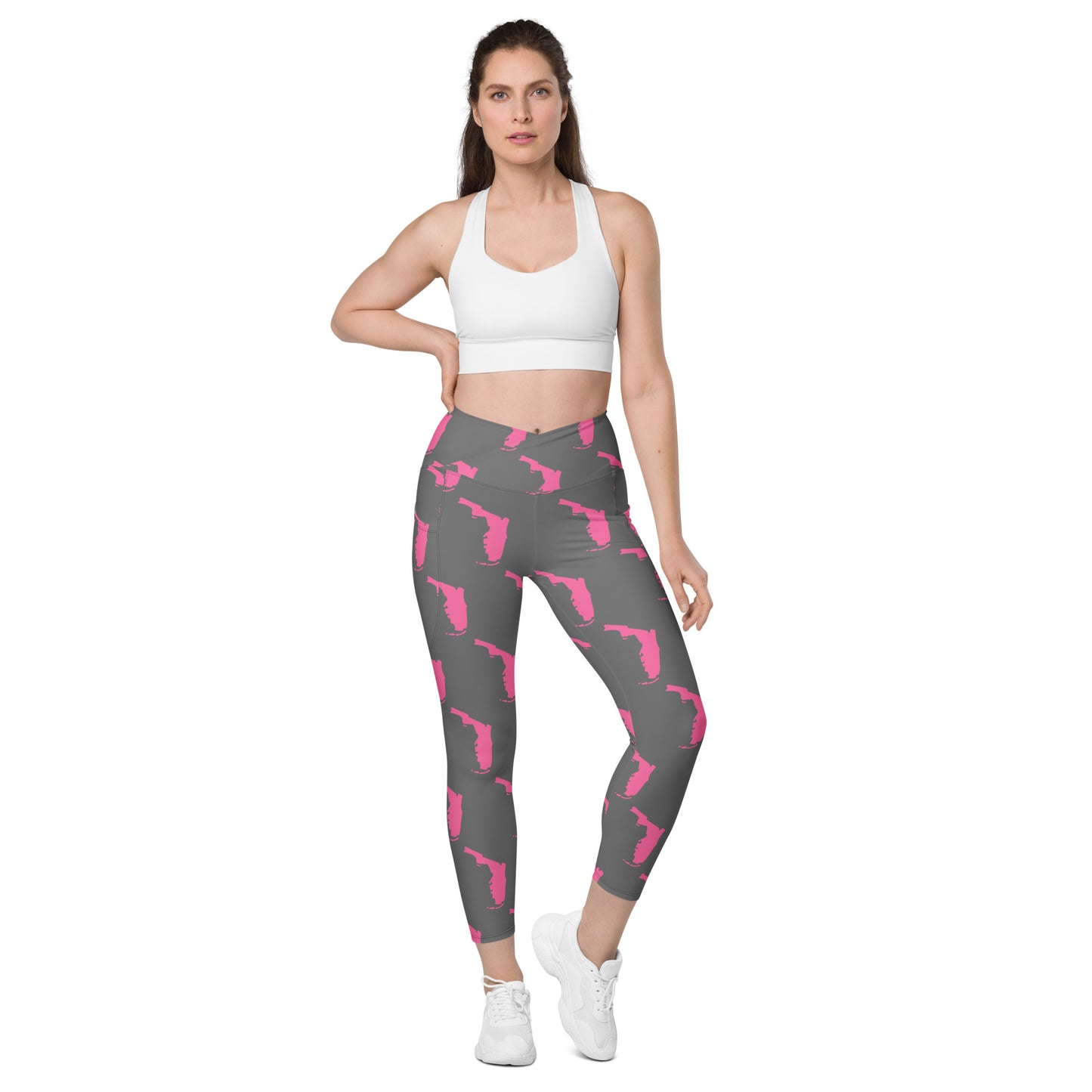 Florida All-Over Print Crossover Leggings With Pockets - Gray/Pink