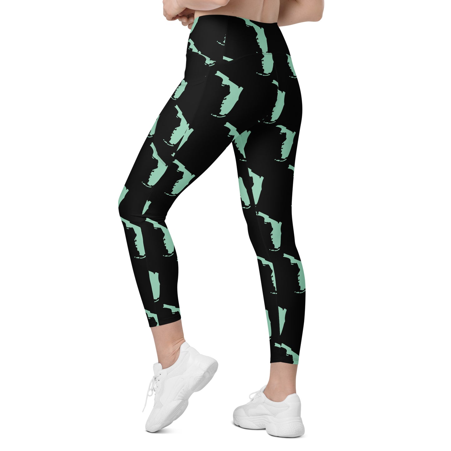 Florida All-Over Print Crossover Leggings With Pockets - Black/Mint