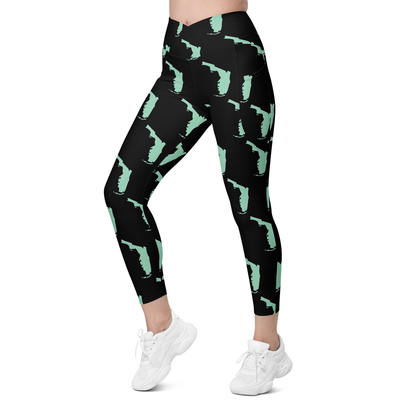 Florida All-Over Print Crossover Leggings With Pockets - Black/Mint