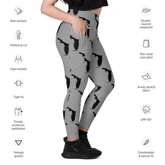 Florida All-Over Print Crossover Leggings With Pockets - Gray