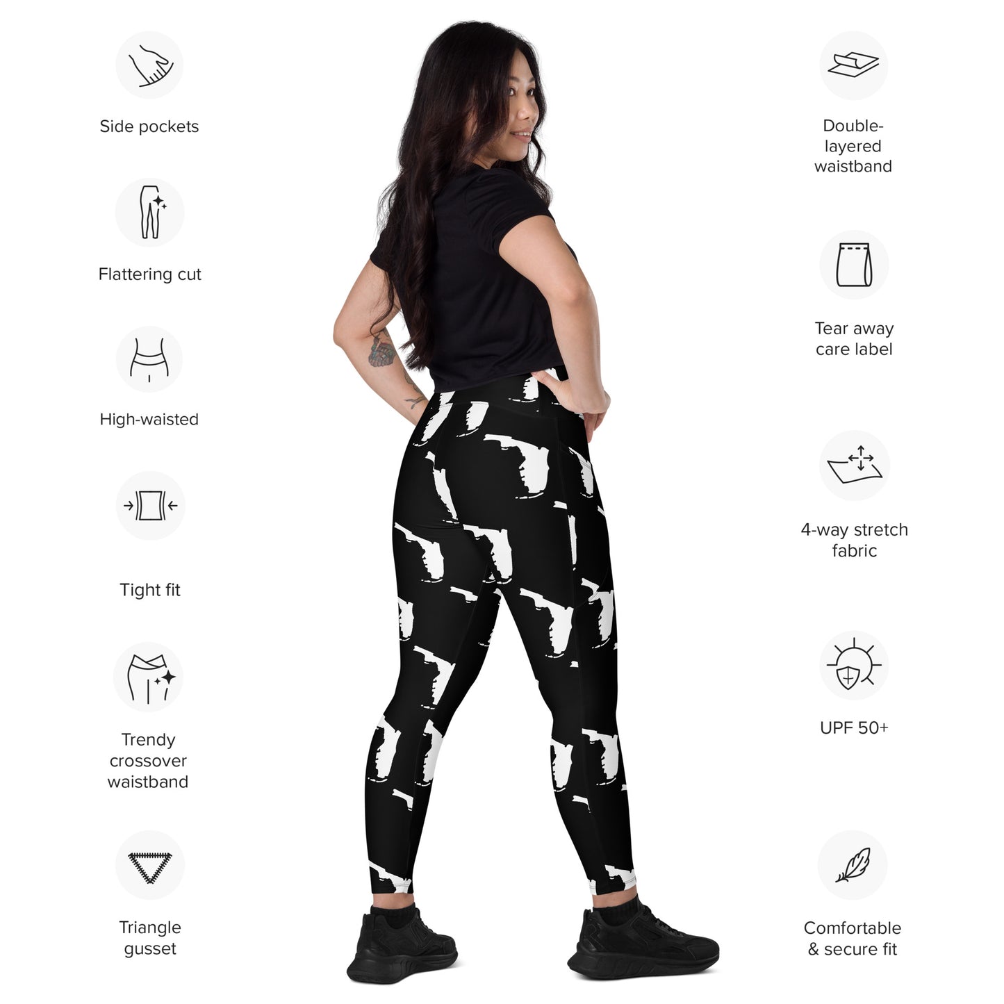 Florida All-Over Print Crossover Leggings With Pockets - Black