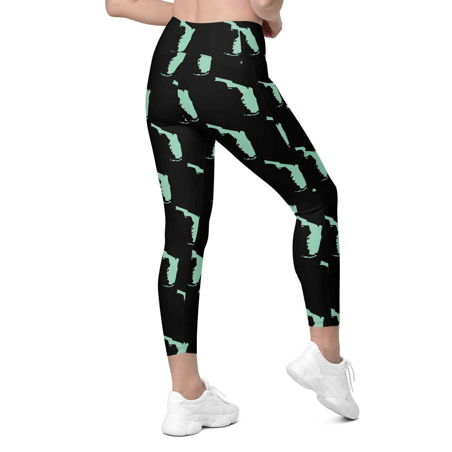 Florida All-Over Print Crossover Leggings With Pockets - Black/Mint