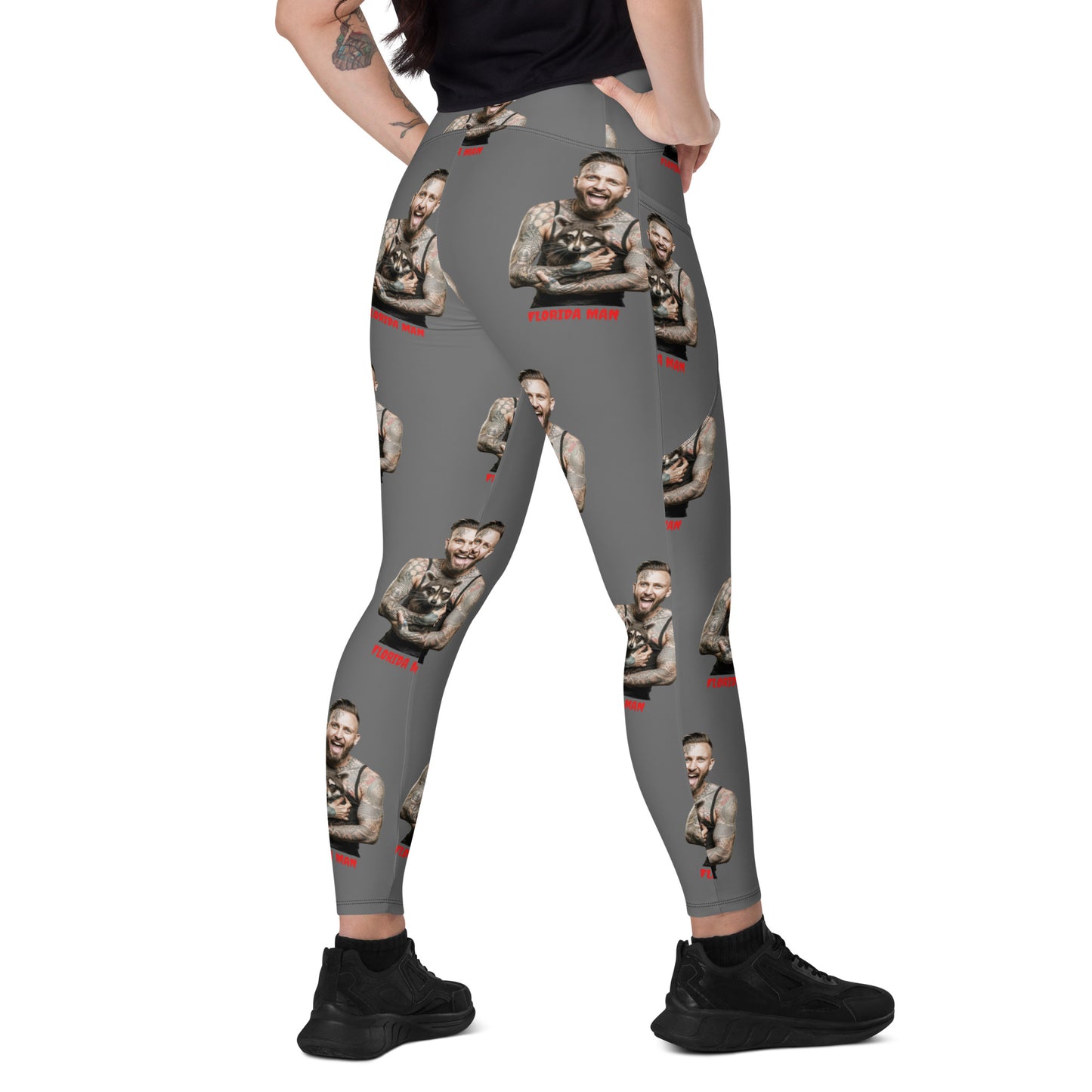 Florida Man Holding Raccoon Leggings with Pockets - Gray