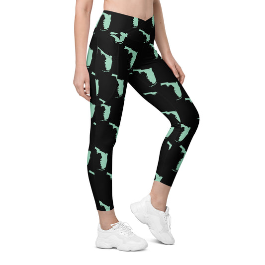 Florida All-Over Print Crossover Leggings With Pockets - Black/Mint