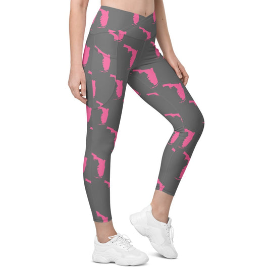 Florida All-Over Print Crossover Leggings With Pockets - Gray/Pink