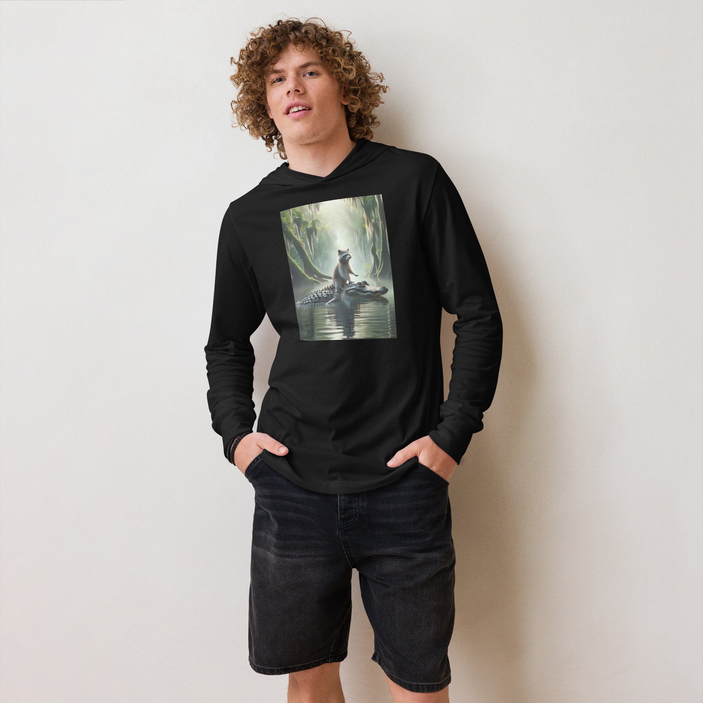 Raccoon Riding Gator Unisex Hooded Long Sleeve Tee