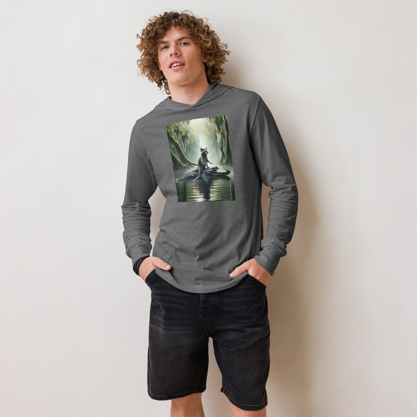 Raccoon Riding Gator Unisex Hooded Long Sleeve Tee