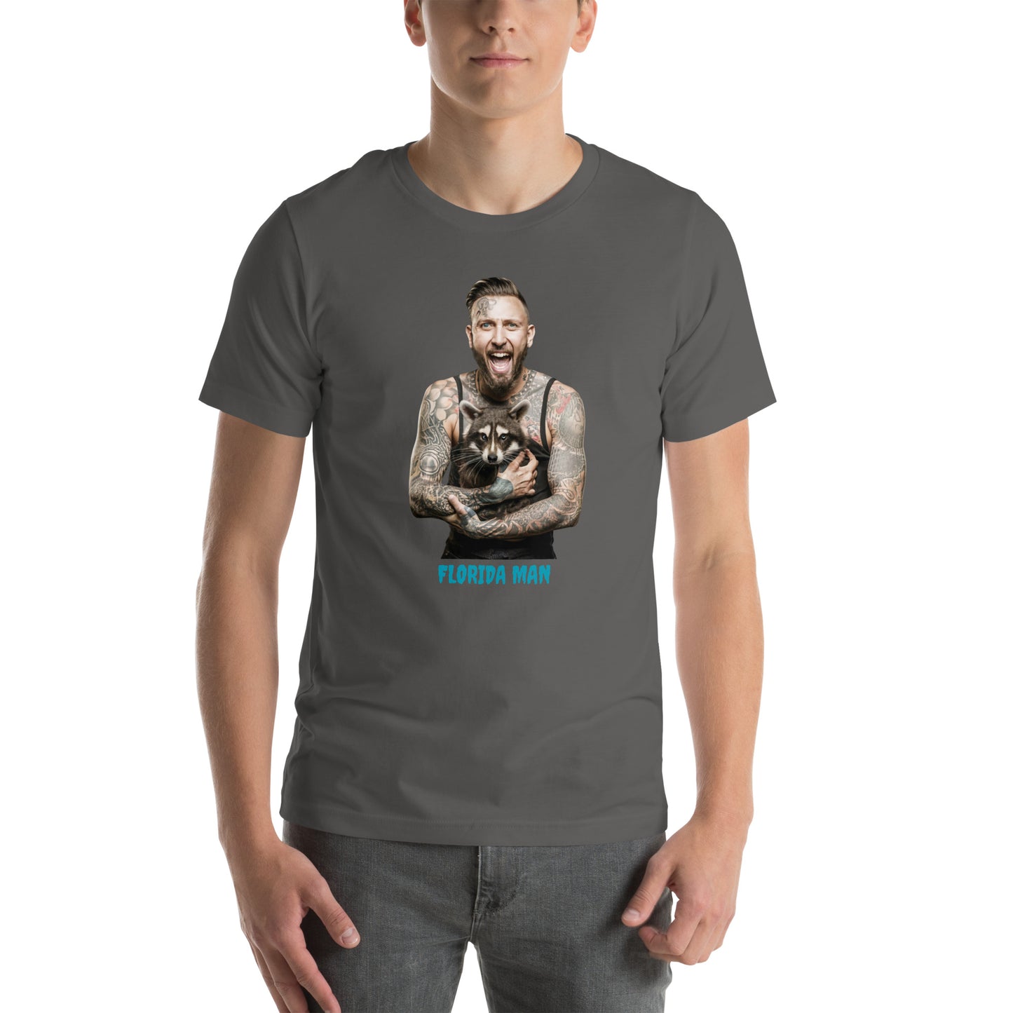 Florida Man Holding Raccoon Unisex Bella + Canvas Tee