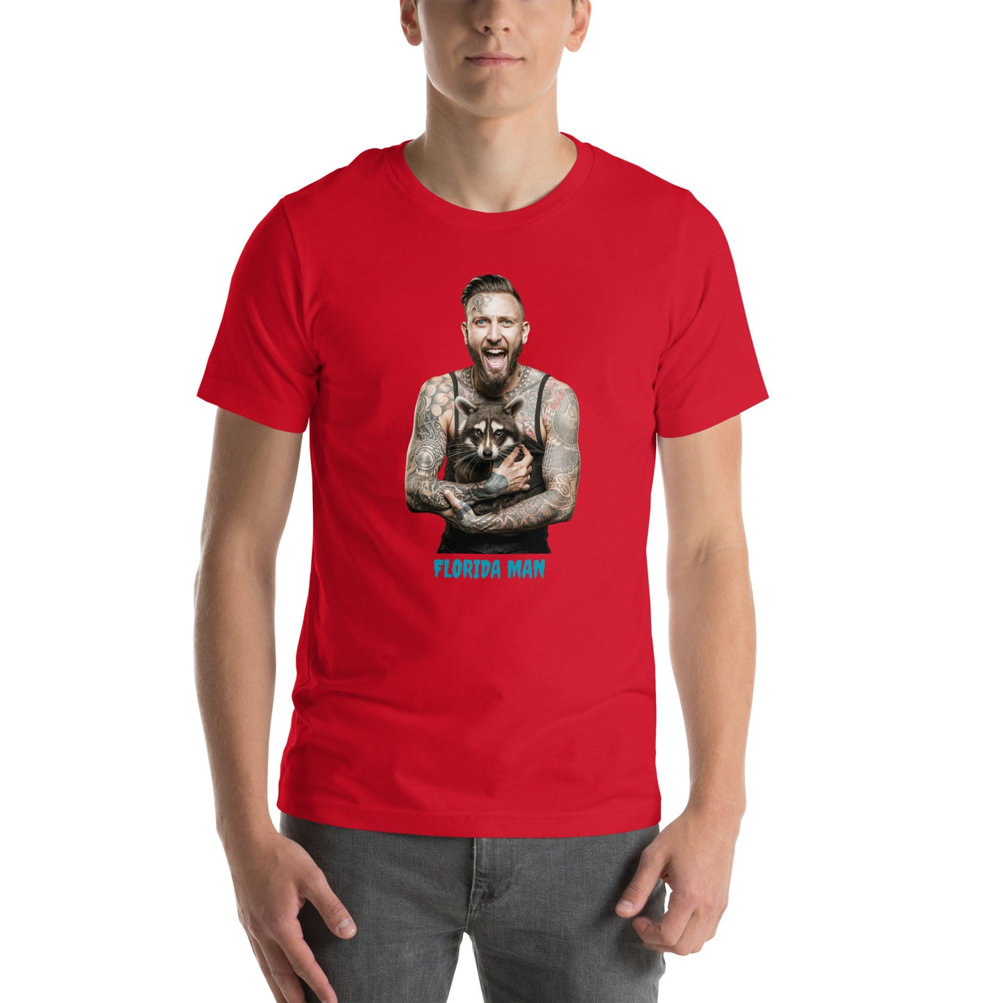 Florida Man Holding Raccoon Unisex Bella + Canvas Tee